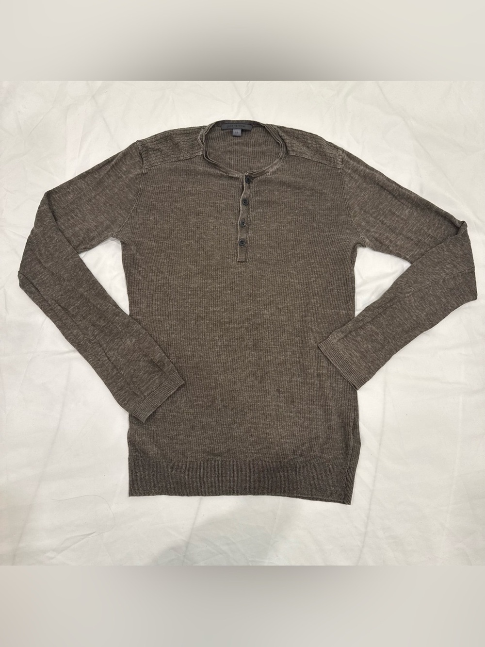 John Varvatos Brown Linen Ribbed Henley Sweater XS Lightweight Designer Knit
